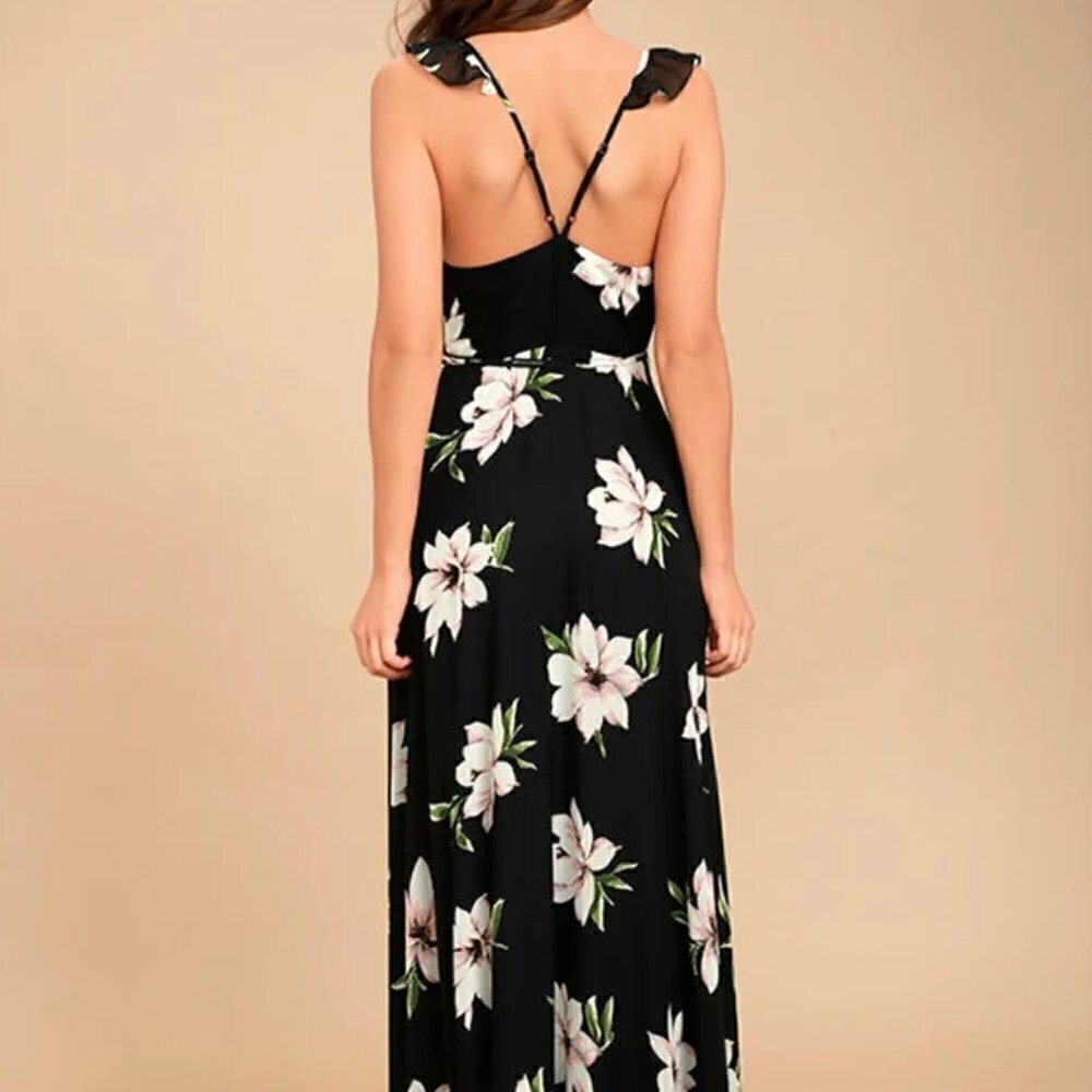 Lulus All Mine Dress Floral Wrap Maxi Dress High-Low Black Size XS
